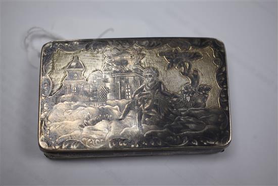 An early 19th century Russian 84 zolotnik silver and niello snuff box, 3.25in.